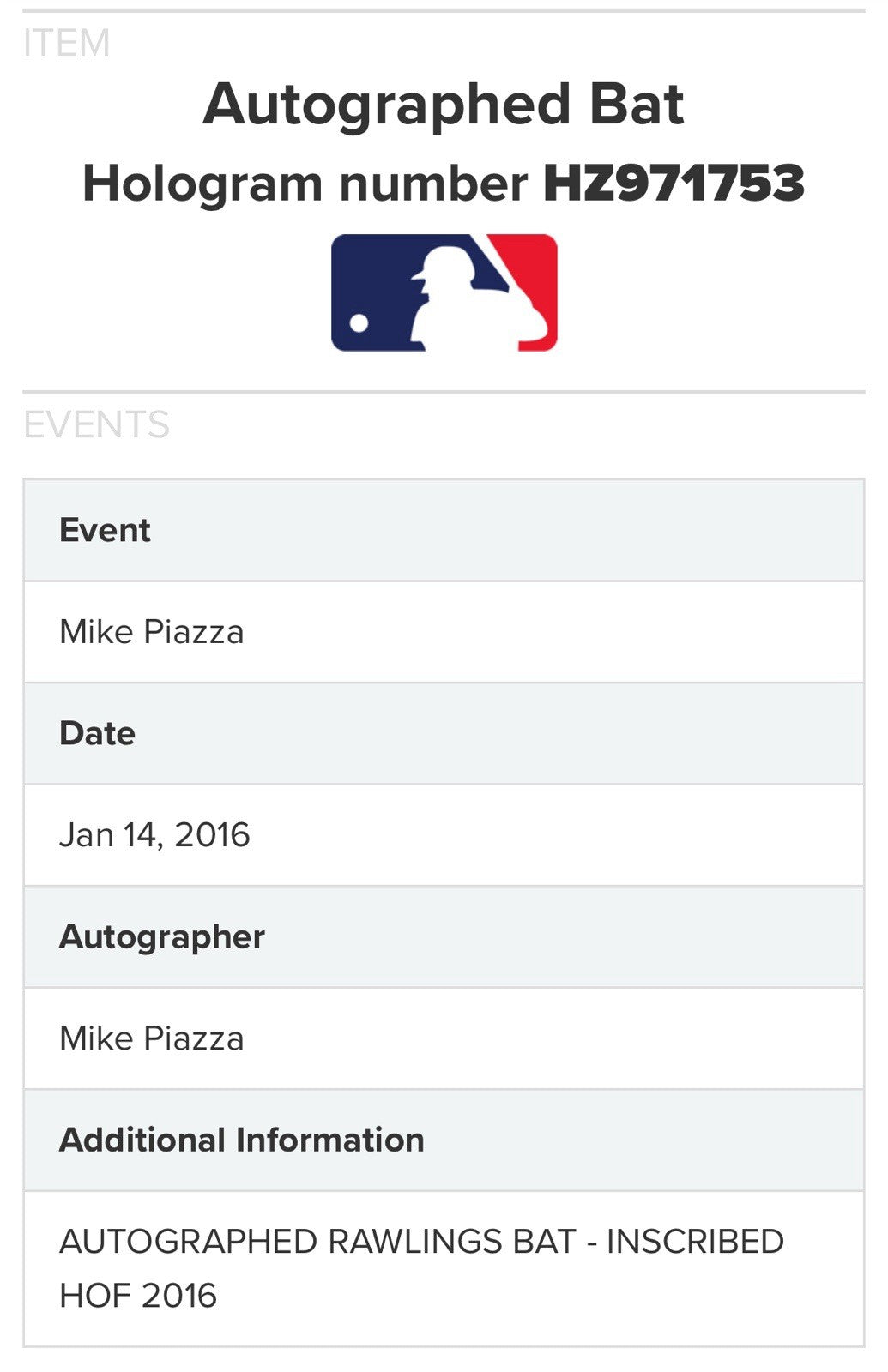 Mike Piazza Signed Rawlings Pro Game Model Bat Mets HOF 2016 Auto Fanatics COA