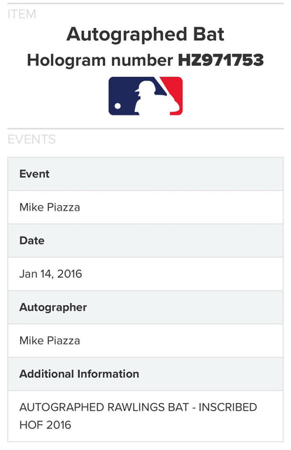 Mike Piazza Signed Rawlings Pro Game Model Bat Mets HOF 2016 Auto Fanatics COA