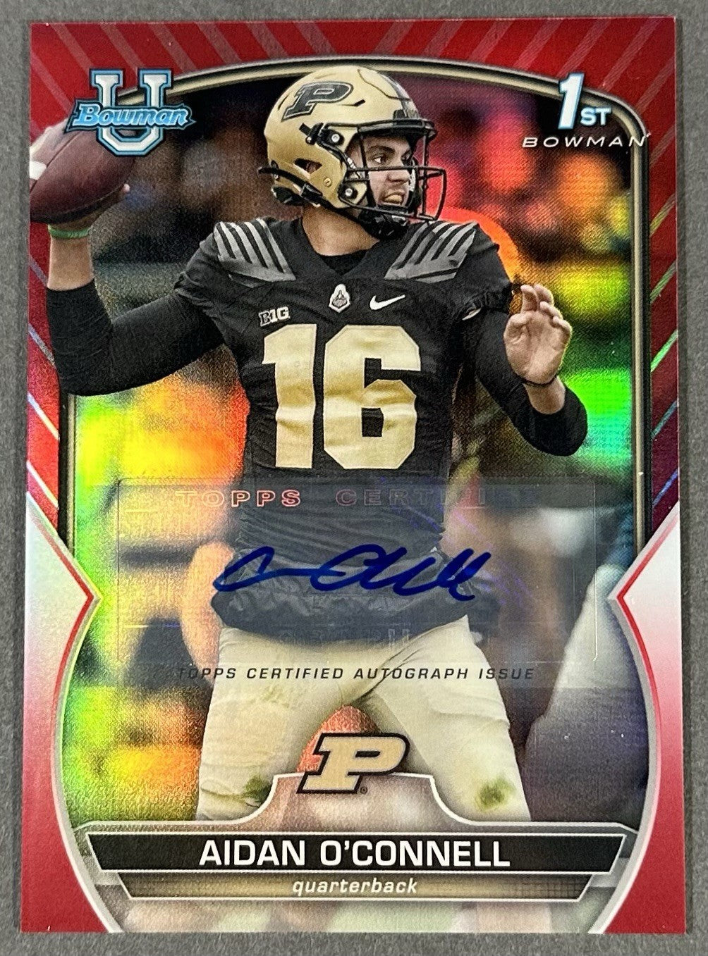 2022 Bowman Chrome U Aidan O’Connell 1st Auto Red Refractor 5/5 Rookie Purdue