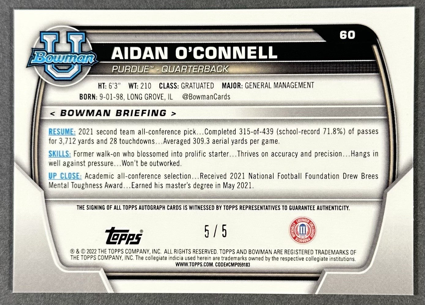 2022 Bowman Chrome U Aidan O’Connell 1st Auto Red Refractor 5/5 Rookie Purdue