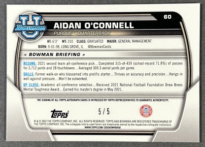 2022 Bowman Chrome U Aidan O’Connell 1st Auto Red Refractor 5/5 Rookie Purdue