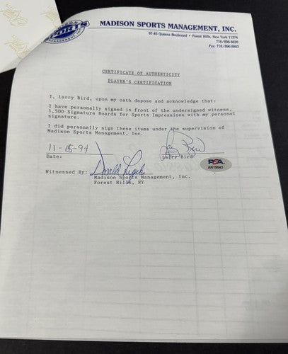 Larry Bird Signed Contract Sports Impressions 1/1 Celtics Mint Auto HOF PSA Coa