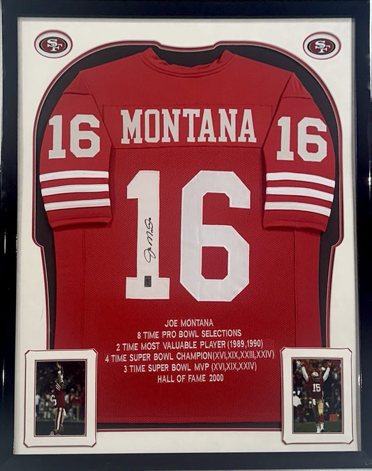 Joe Montana Signed Framed SF 49ers Wilson Stat Jersey Auto HOF SB MVP Holo COA