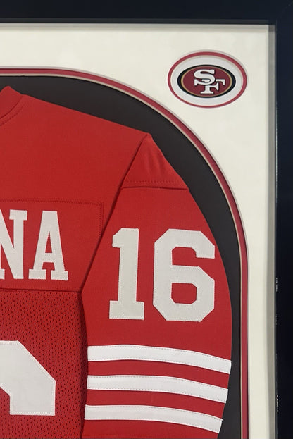 Joe Montana Signed Framed SF 49ers Wilson Stat Jersey Auto HOF SB MVP Holo COA