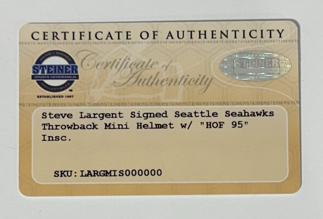 Steve Largent Signed Seahawks Throwback Mini Helmet HOF 95 Autograph Steiner COA