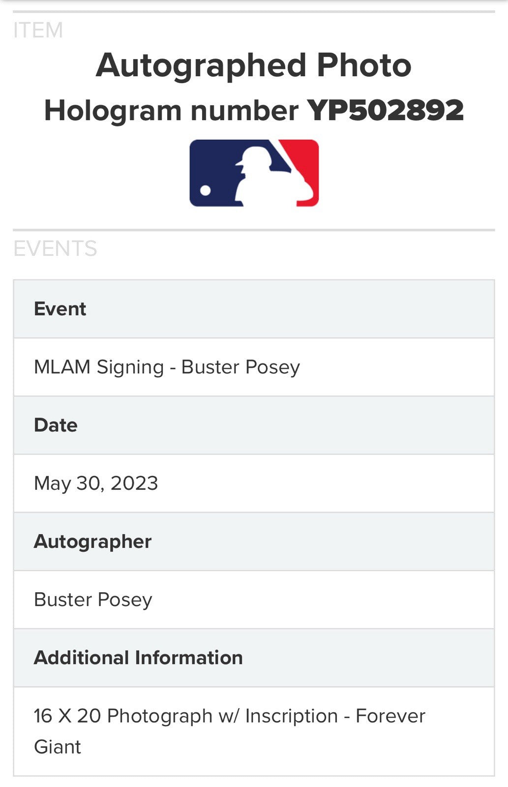 Buster Posey Signed 16x20 Photo Forever Giant Autograph SF Giants MLB Holo COA