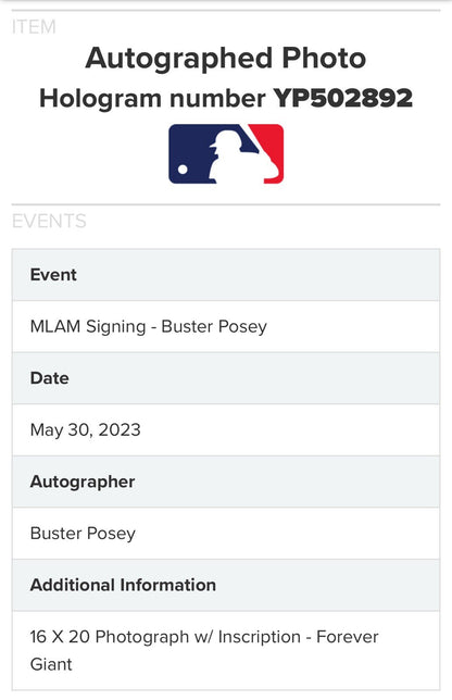 Buster Posey Signed 16x20 Photo Forever Giant Autograph SF Giants MLB Holo COA