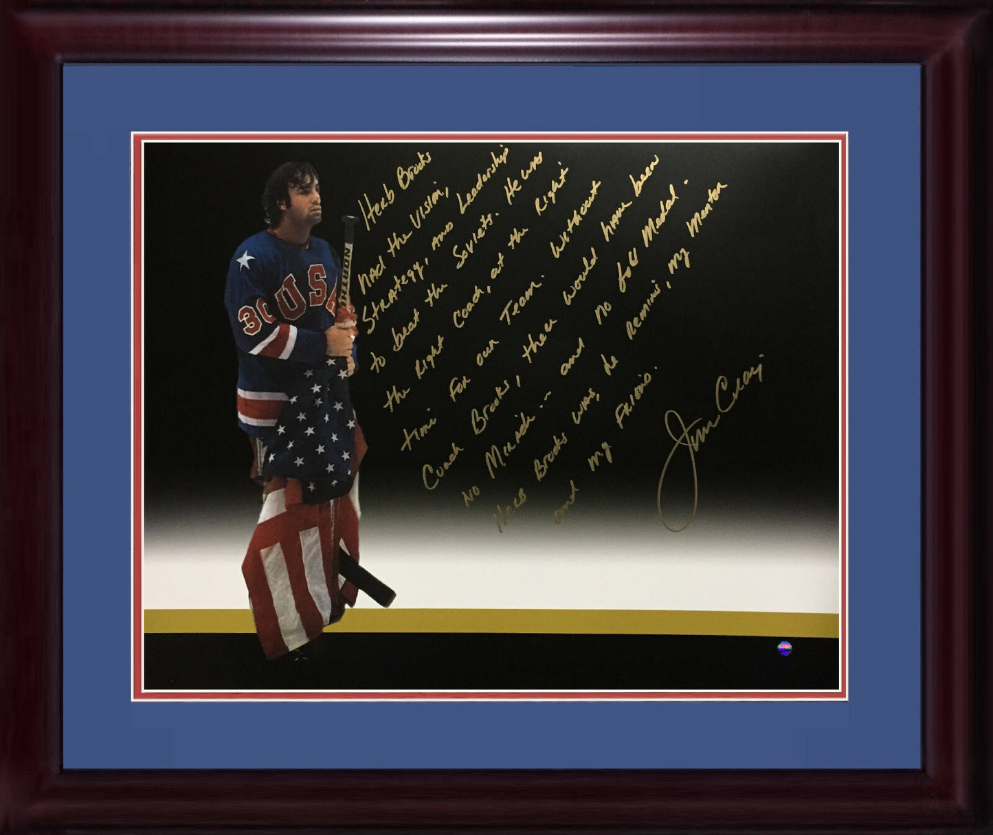 Jim Craig Signed 16x20 Framed Story Photo Herb Brooks 1980 Usa Gold Gold Steiner