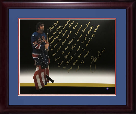 Jim Craig Signed 16x20 Framed Story Photo Herb Brooks 1980 Usa Gold Gold Steiner