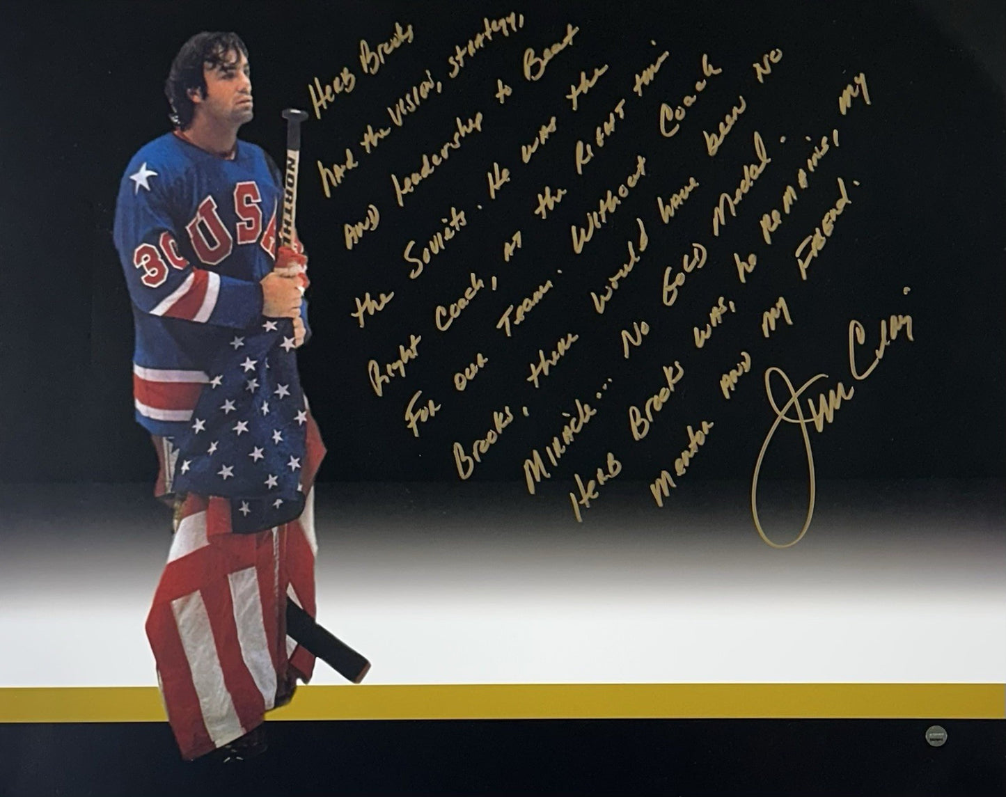 Jim Craig Signed 16x20 Framed Story Photo Herb Brooks 1980 Usa Gold Gold Steiner