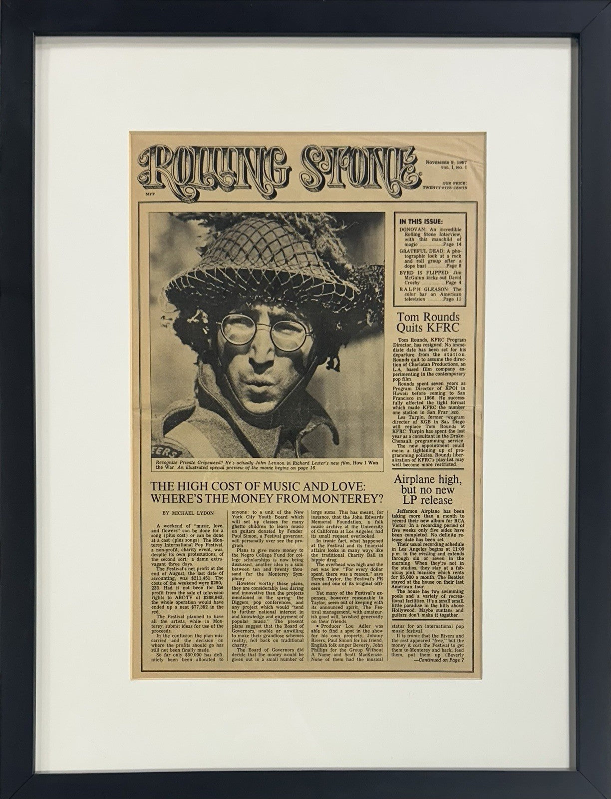 1967 1st Rolling Stone Full Magazine Original Rare Framed John Lennon Cover