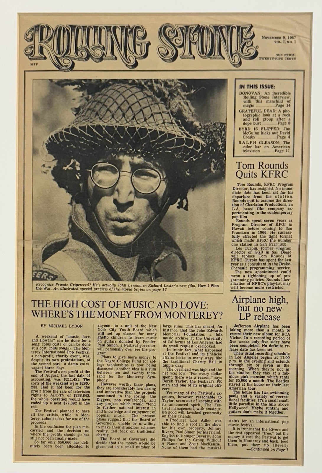 1967 1st Rolling Stone Full Magazine Original Rare Framed John Lennon Cover