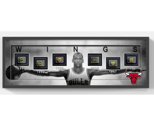 Michael Jordan Bulls Wings Framed 15x42 Photo Facsimile NBA Finals 6 Rings