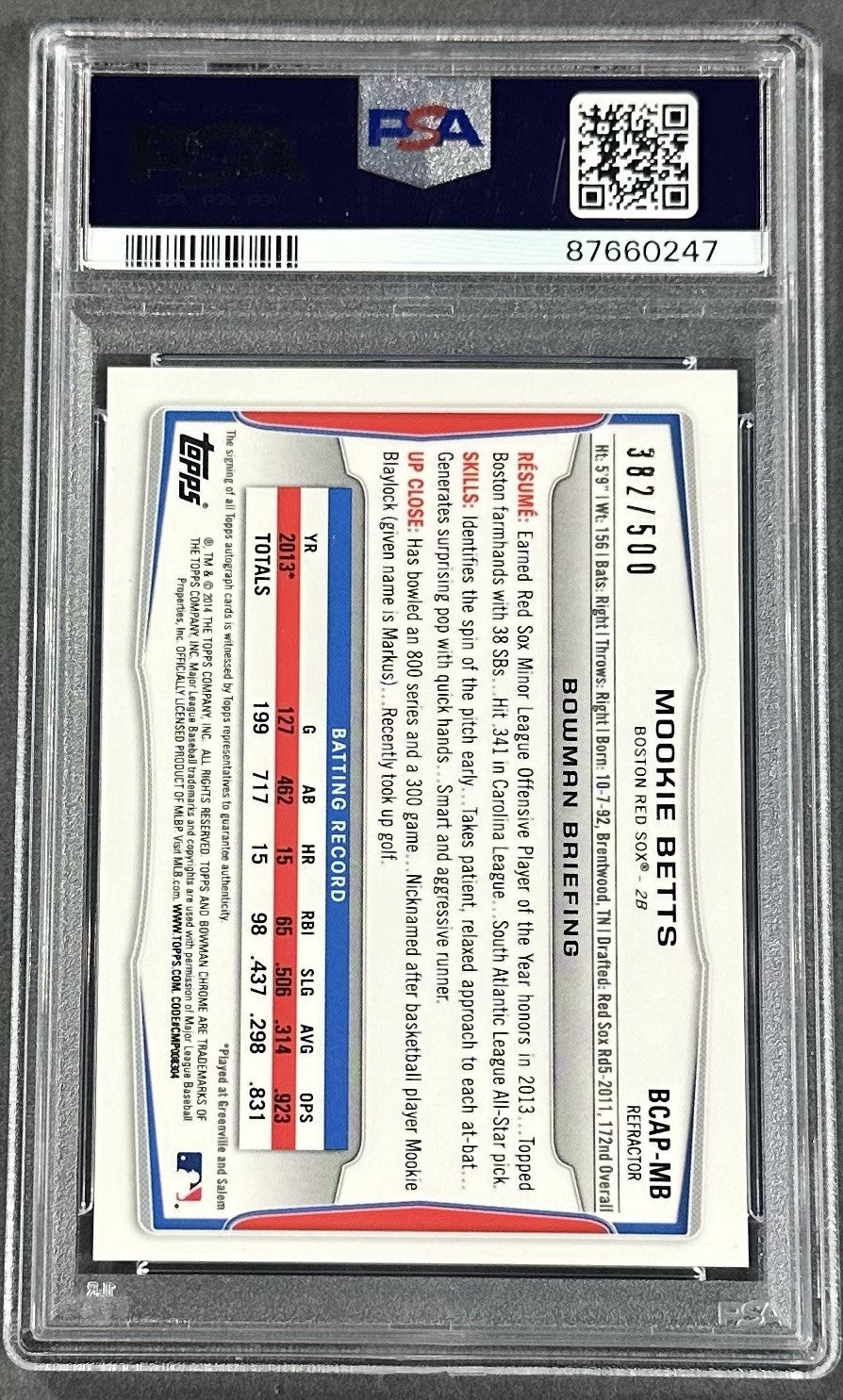 2014 Bowman Chrome Mookie Betts 1st Rookie Auto Refractor /500 PSA 8 #MB RC
