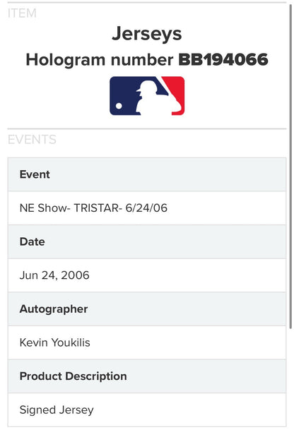 Kevin Youkilis Signed Majestic Red Sox Jersey Auto TRISTAR MLB NWT Size XL WS