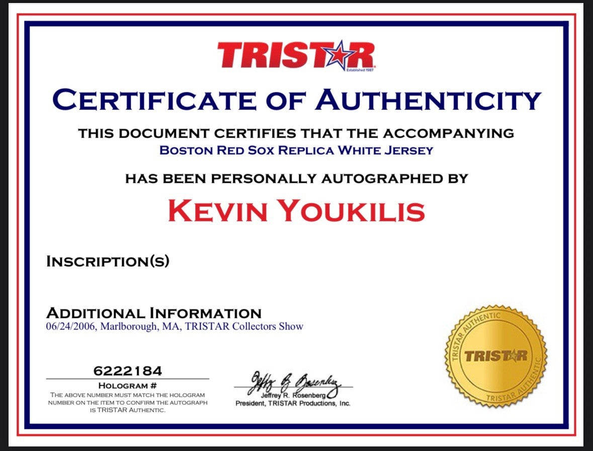 Kevin Youkilis Signed Majestic Red Sox Jersey Auto TRISTAR MLB NWT Size XL WS