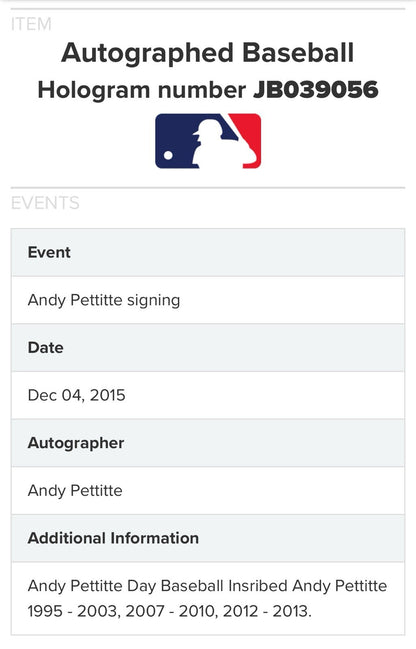 Andy Pettitte Signed MLB Baseball #46 Logo LE 1995-2003 Years Auto Steiner COA