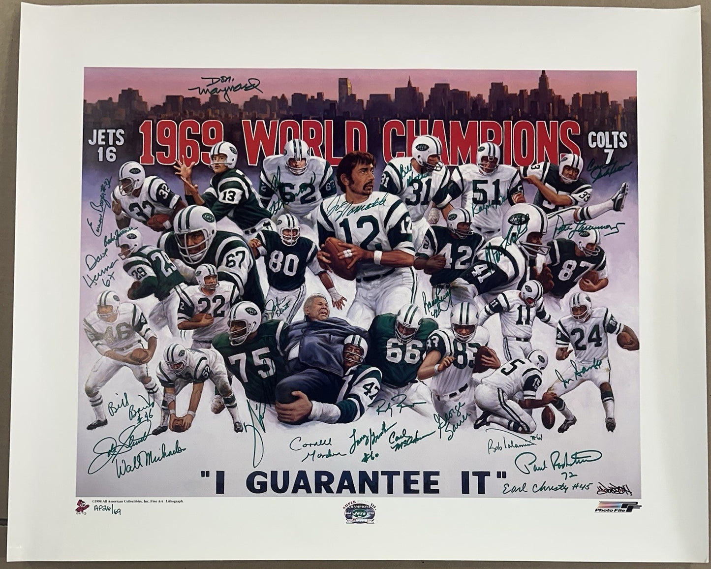 1969 NY Jets SB Champs Team Signed 33x27 Doo S Oh Litho Photo Auto Namath COA