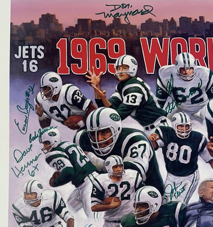 1969 NY Jets SB Champs Team Signed 33x27 Doo S Oh Litho Photo Auto Namath COA