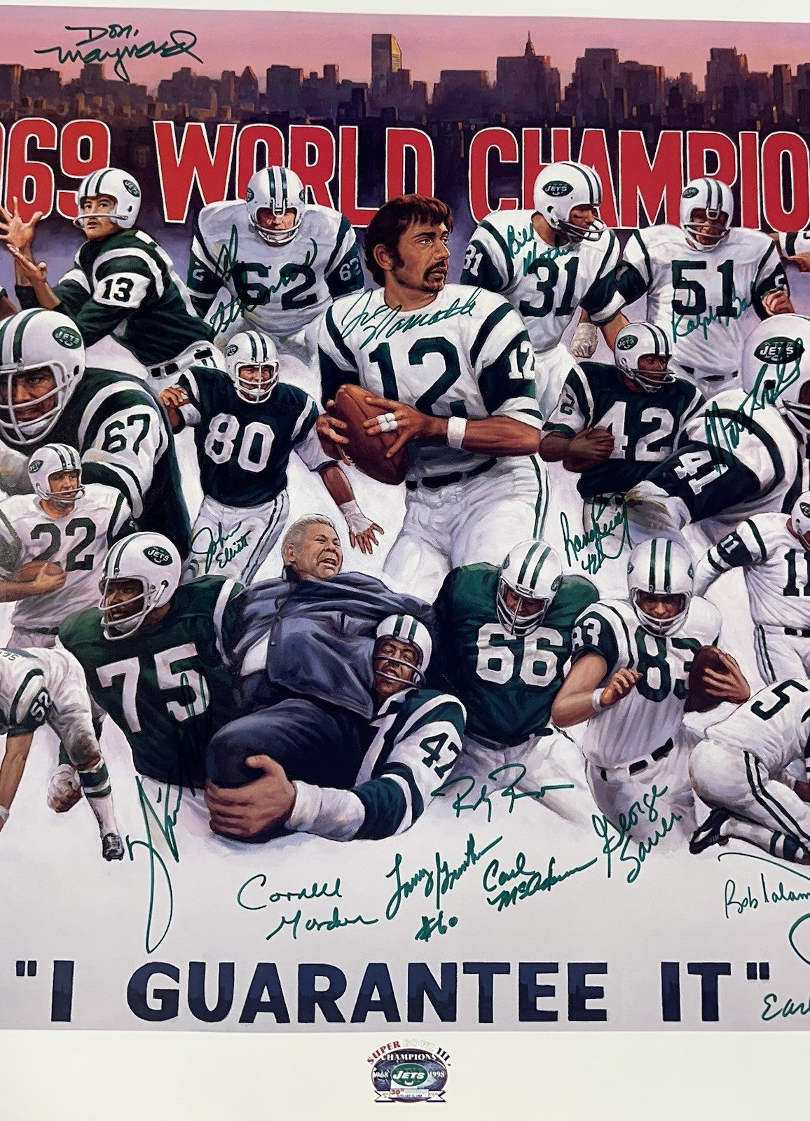 1969 NY Jets SB Champs Team Signed 33x27 Doo S Oh Litho Photo Auto Namath COA