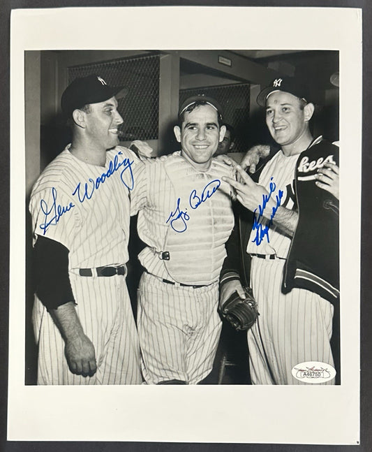Yogi Berra Gene Woodling Allie Reynolds Signed 8x10 Photo Yankees 3 Auto JSA COA