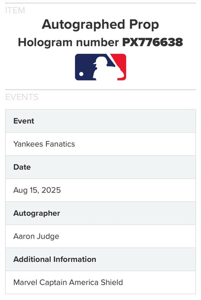 Aaron Judge Signed Marvel Captain America Shield Yankees Auto Fanatics MLB NIB