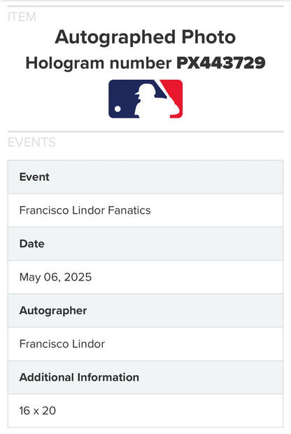 Francisco Lindor Signed 16x20 Framed Photo New York Mets Auto Fanatics MLB Holo