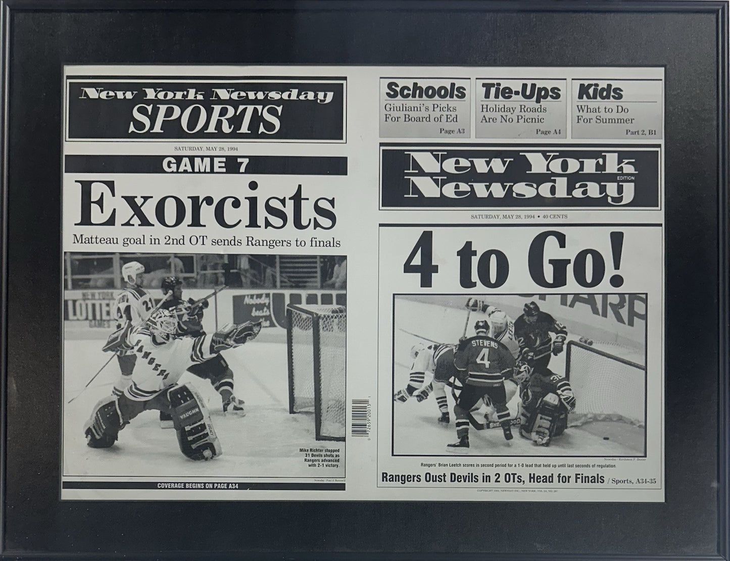 NY Rangers Newsday Framed Printing Plate Matteau Goal 1994 Stanley Cup 1/1