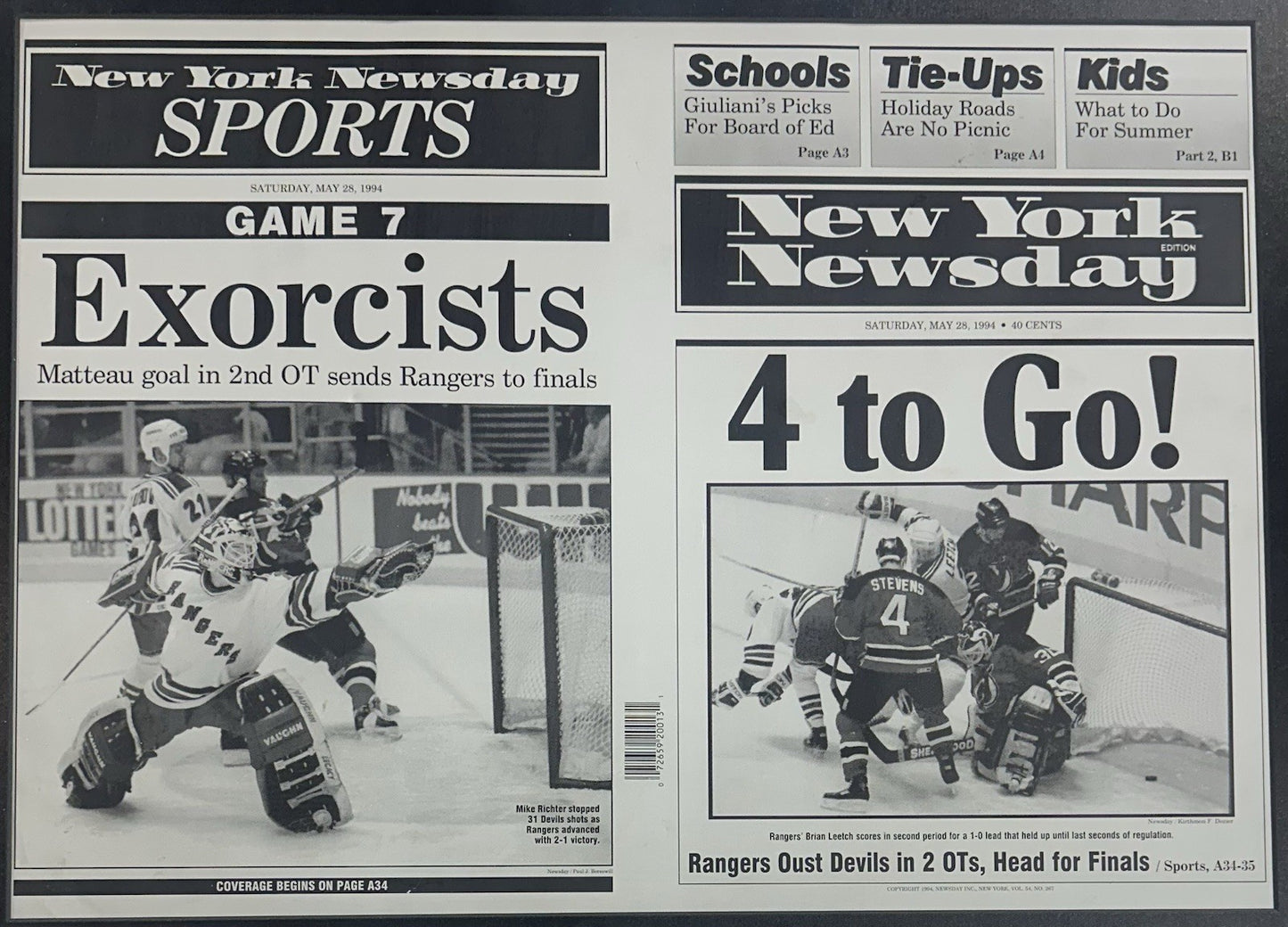 NY Rangers Newsday Framed Printing Plate Matteau Goal 1994 Stanley Cup 1/1