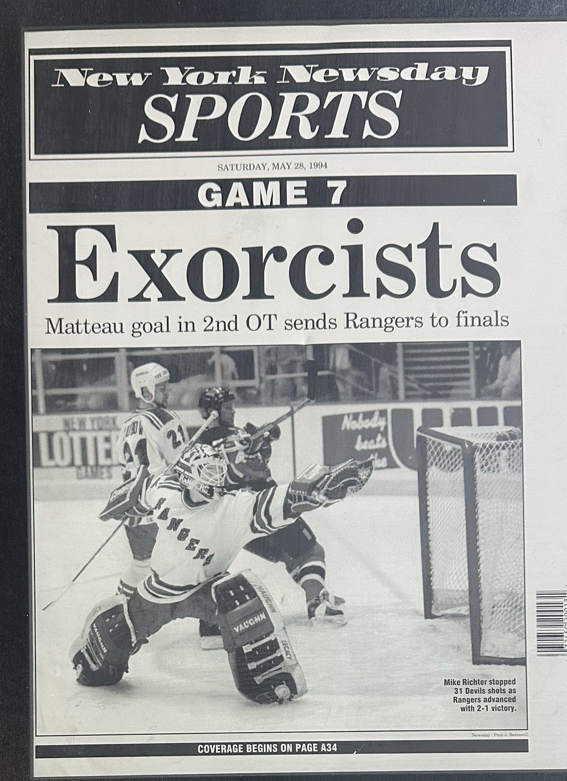 NY Rangers Newsday Framed Printing Plate Matteau Goal 1994 Stanley Cup 1/1
