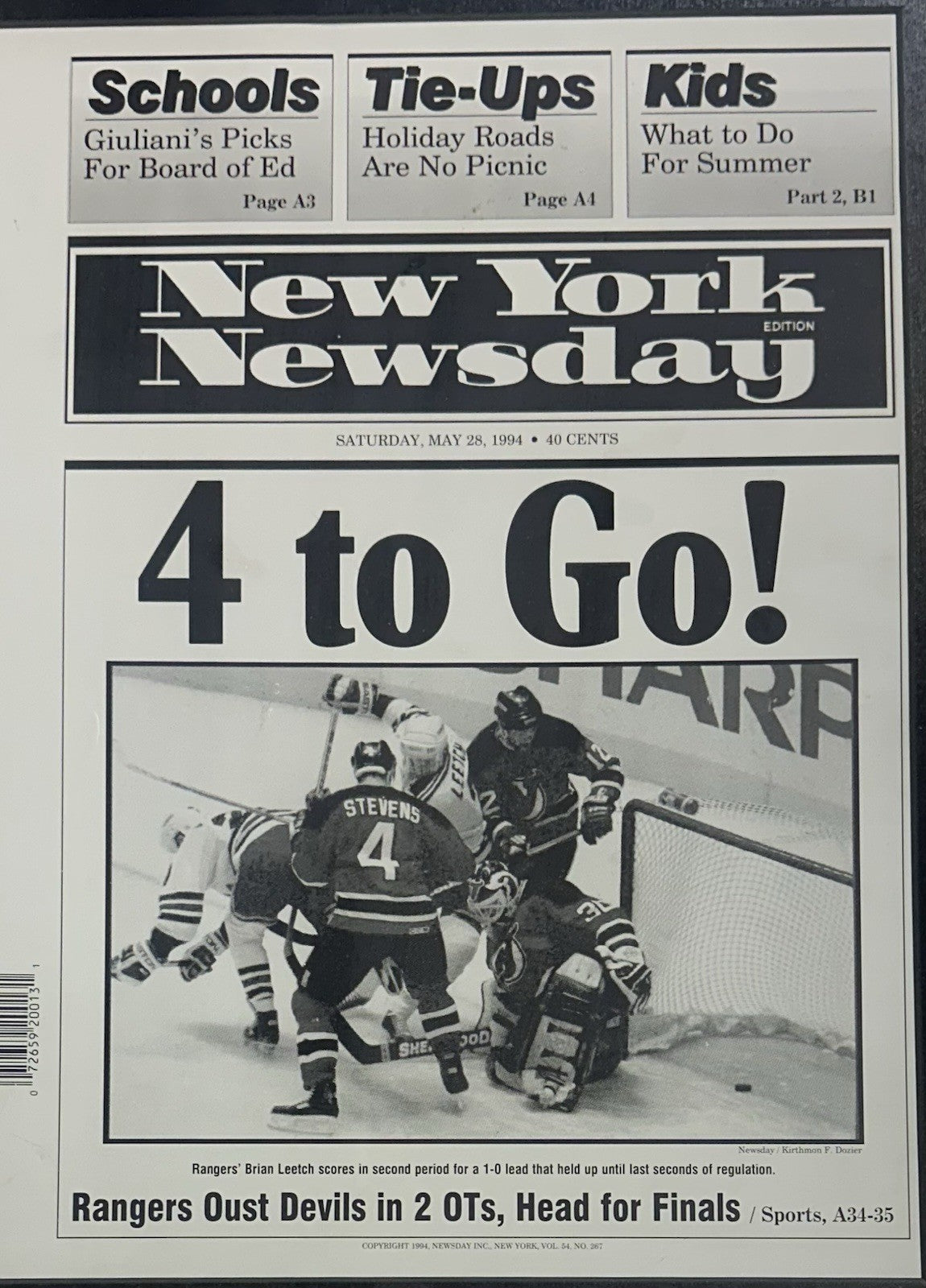 NY Rangers Newsday Framed Printing Plate Matteau Goal 1994 Stanley Cup 1/1
