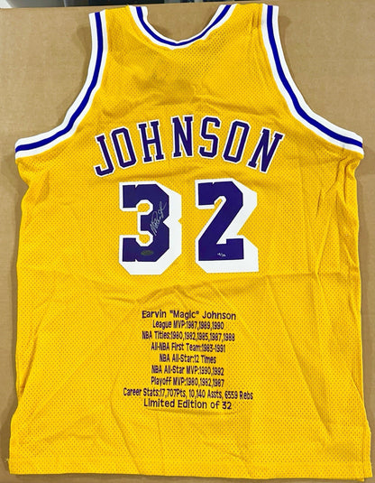 Magic Johnson Signed M+Ness Lakers Stat Rookie Jersey /32 Auto Steiner COA HOF