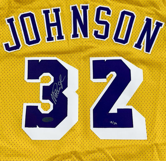 Magic Johnson Signed M+Ness Lakers Stat Rookie Jersey /32 Auto Steiner COA HOF