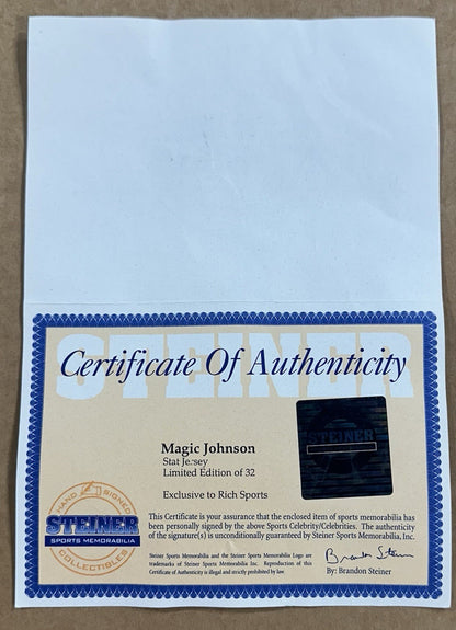 Magic Johnson Signed M+Ness Lakers Stat Rookie Jersey /32 Auto Steiner COA HOF