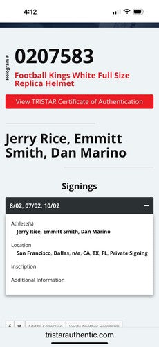 Dan Marino Emmitt Smith Jerry Rice Signed Pro All Time Kings Helmet Tristar /30