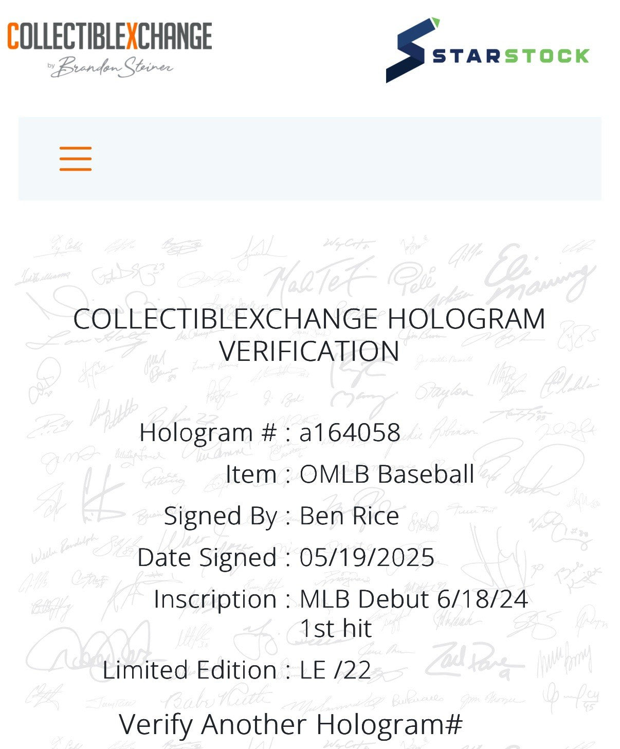 Ben Rice Signed Official MLB Baseball Yankees Debut 1st Hit /22 Auto Steiner COA