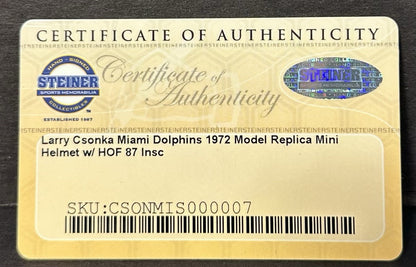 Larry Csonka Signed 1972 Model Dolphins Mini Helmet HOF 87 Autograph Steiner COA