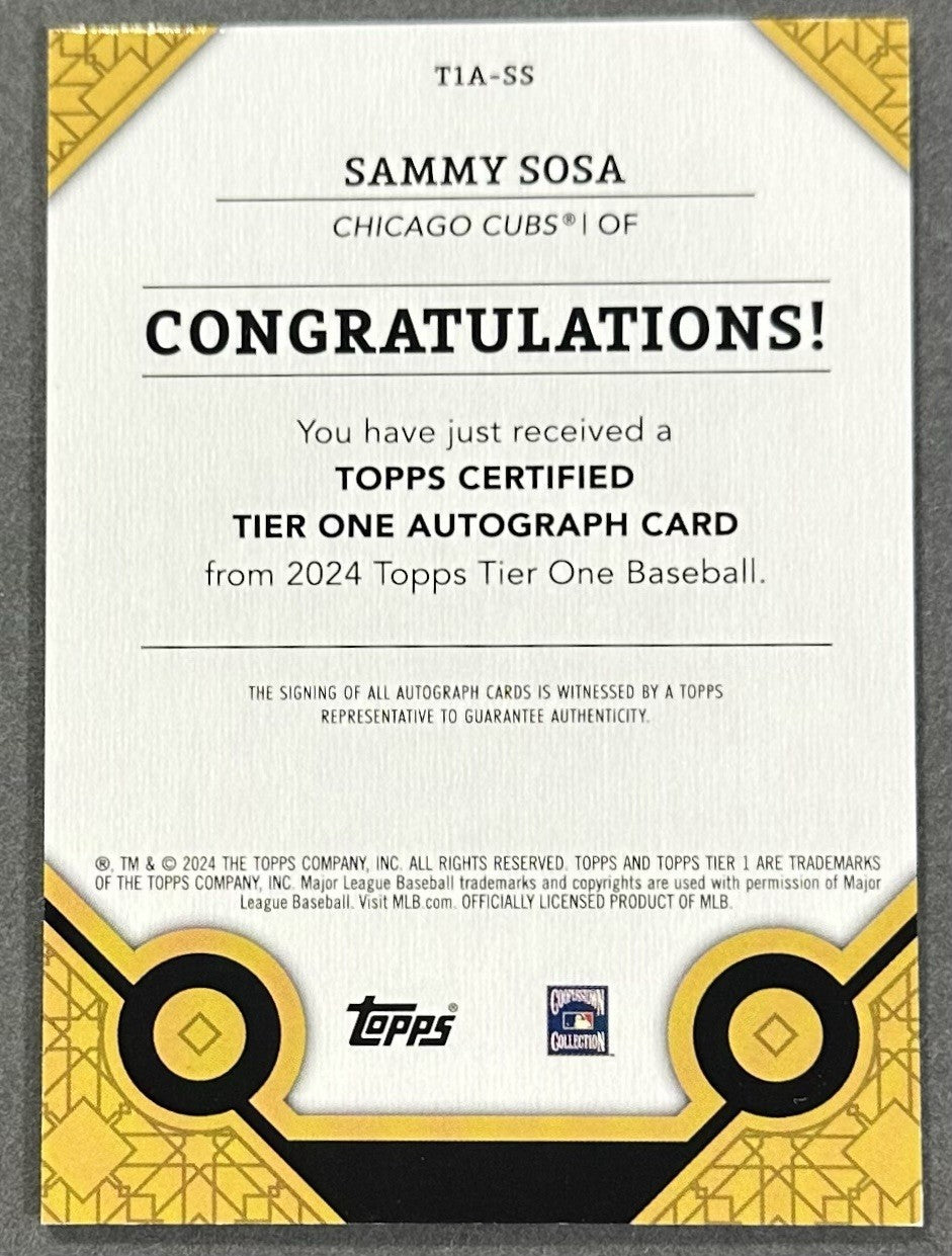 2024 Topps Tier One Sammy Sosa Mint Auto /25 Holo Gold Foil Chicago Cubs #T1A-SS