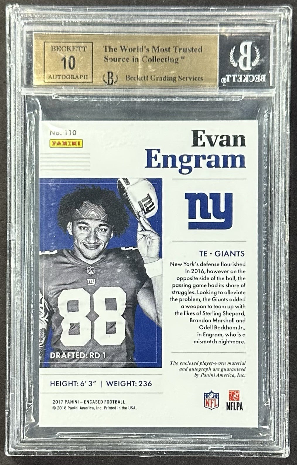 2017 Panini Encased Evan Engram RC Rookie Cap Patch Auto Gold /10 BGS 9.5/10 RPA