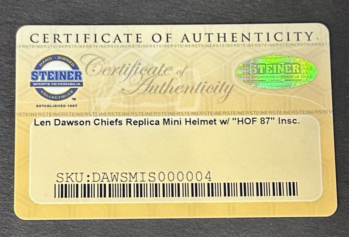 Len Dawson Signed Throwback KC Chiefs Mini Helmet HOF 87 Autograph Steiner COA
