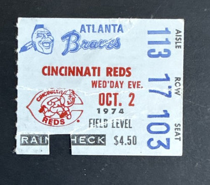 Hank Aaron Last HR 733 For Braves 3600 Hit Ticket Stub 10/2 1974 Atlanta Vs Reds