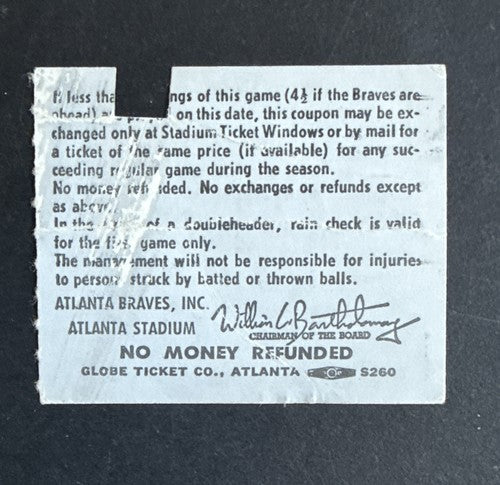 Hank Aaron Last HR 733 For Braves 3600 Hit Ticket Stub 10/2 1974 Atlanta Vs Reds