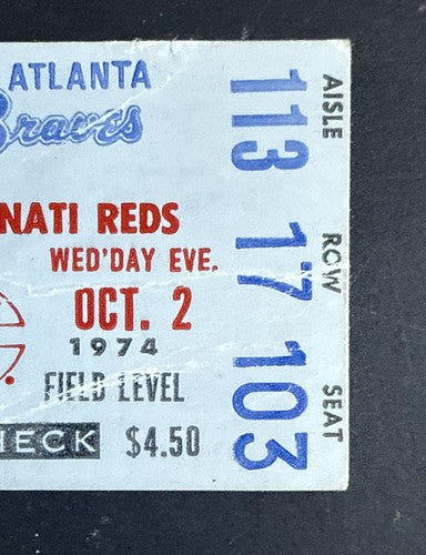 Hank Aaron Last HR 733 For Braves 3600 Hit Ticket Stub 10/2 1974 Atlanta Vs Reds