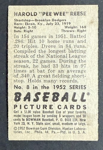 1952 Bowman #8 Pee Wee Reese Ex Brooklyn Dodgers Captain