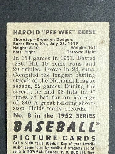1952 Bowman #8 Pee Wee Reese Ex Brooklyn Dodgers Captain