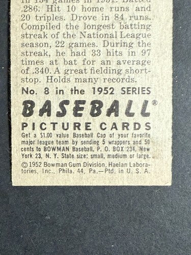 1952 Bowman #8 Pee Wee Reese Ex Brooklyn Dodgers Captain