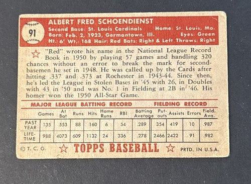 1952 Topps #91 Al Red Schoendienst HOF Centered Good - Vg