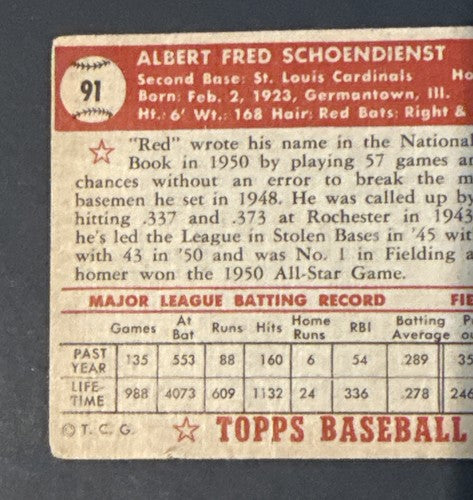 1952 Topps #91 Al Red Schoendienst HOF Centered Good - Vg