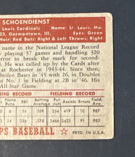 1952 Topps #91 Al Red Schoendienst HOF Centered Good - Vg