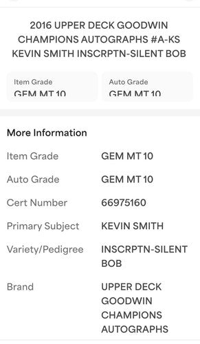 Kevin Smith 2016 Goodwin Champions Silent Bob Auto Psa 10 Gem Mint Pop 1 Le /25